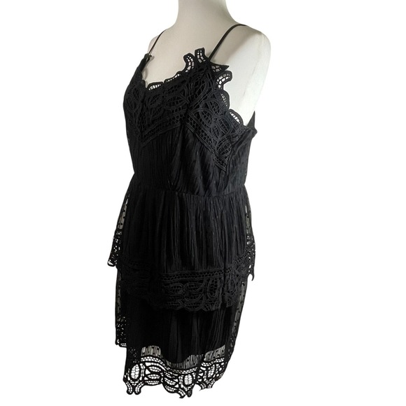 DEX Black Crochet Lace Tiered Polka Dot Mini Dress L Spaghetti Strap Lined Fairy - Picture 3 of 16